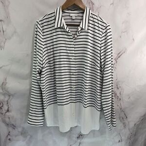 J Jill Shirt Women Medium Tall Navy White Striped Button Up Blouse Nautical